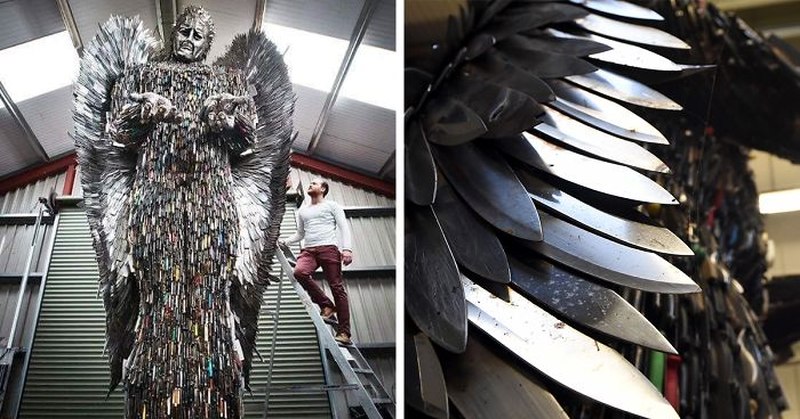 This Sculpture is Made of 100,000 Knives Confiscated by Police 1 giant knife angel sculpture alfie radley fb