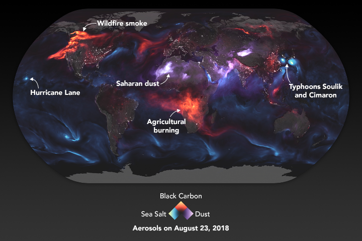 new world map by nasa shows aerosol components in the atmospehere