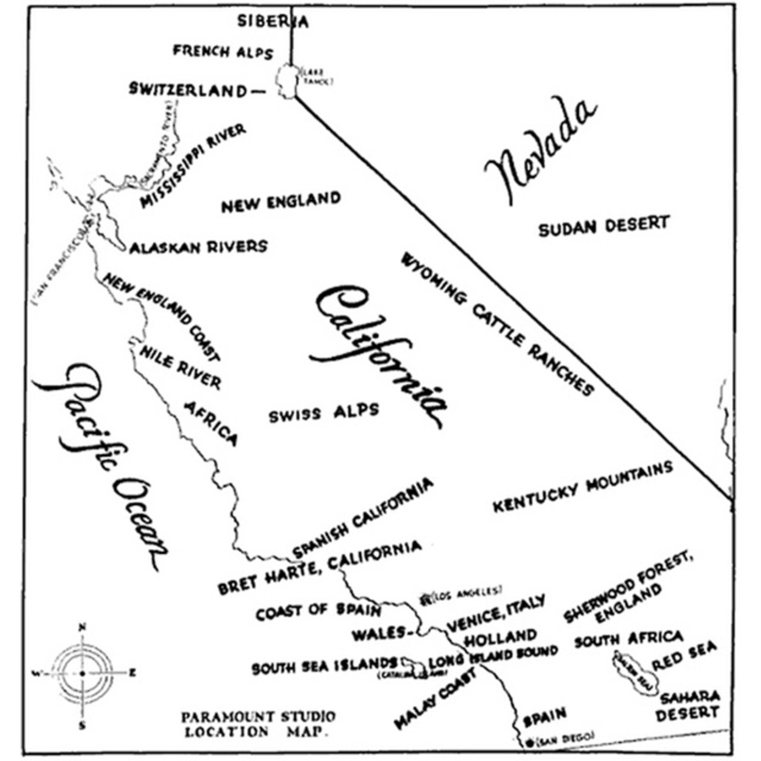1927 paramount studio map of potential filming locations in california